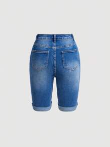 SHEIN Girlism Short vaquero de cintura alta, deshilachado y dobladillo enrollado para adolescentes, short vaquero de verano para niños