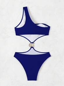 Swim Vcay 性感纯色单肩女式镂空腰环装饰连体泳衣