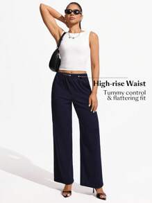 Flexra 女式休闲深色水洗宽松弹力腰身百搭牛仔裤，适合所有季节 - 藍色 - 查看 7