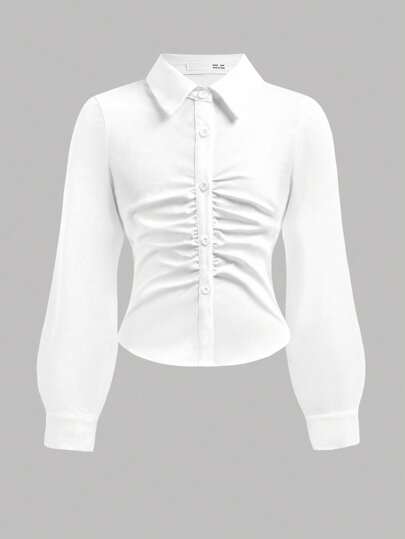 Girlism Tween Girls V-Neck Button-Up Cropped Short Shirt, Collegiate Style Casual Pleated Design White Blouse, Versatile For Spring, Autumn, Graduation Season, Back To School, Commuting White Blouse Girls Girls White Shirt Long Sleeve With Collar White Shirts For Girls Girls Shirts With Puffy Arms Cute White Shirt Fall Winter
