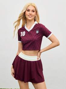 Cheerettes 女士几何印花短款 Polo 衫 - 紅色 - 查看 4