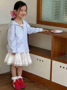 DAZY Young Girls Striped Lace Patchwork Hooded Fresh And Sweet Shirt, Summer - Blue - View 7