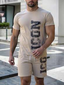 HIMLAND Set de 2 camisetas de manga corta ajustadas con estampado de letras casuales para hombre