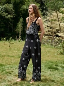 Florisole Macacão vintage com estampa floral para mulheres, ideal para o look de volta às aulas no outono - Preto - Ver 5
