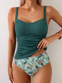 Swim Lushoire 2 Pièces Ensemble Tankini d'été pour femmes avec Top Bandeau Smocké Texturé Côtelé et Couleur Unie et Bas Triangle Côtelés Aléatoires, Vacances à la Plage