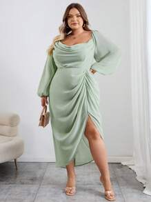 SHEIN CURVE+ Đầm xòe hở vai cổ xếp nếp đính sequin lấp lánh gợi cảm cho tiệc sang trọng cỡ lớn dành cho nữ, tay dài, màu xanh ô liu - màu xanh lá - Xem 5