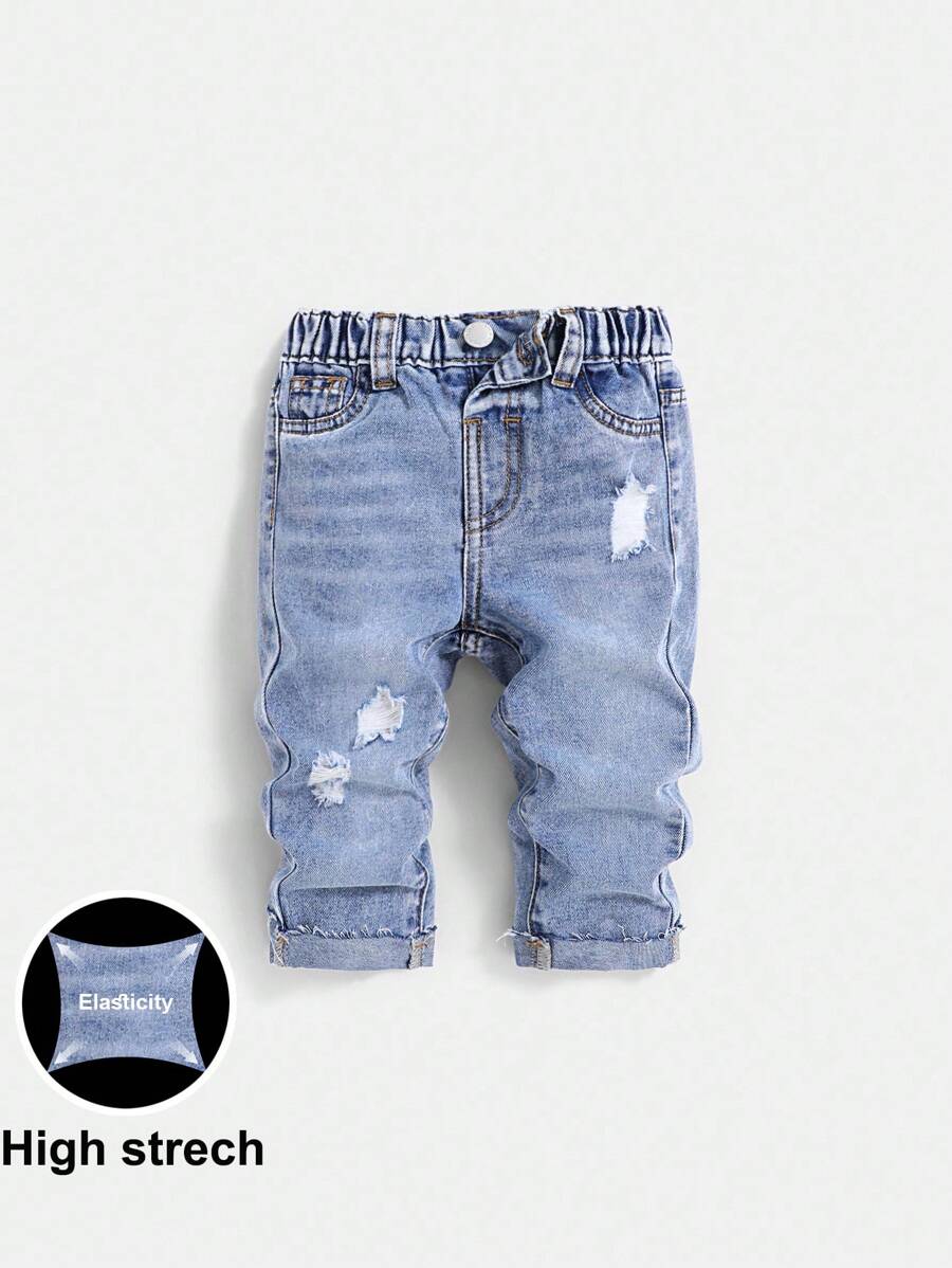 SHEIN Pantalones vaqueros suaves y ligeros para bebé niño de primavera/verano con efecto lavado y desgastado para mayor comodidad - Azul lavado medio - Ver 1