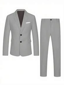 Calvornis 2pcs Men's Solid Color Lapel Neck Long Sleeve Blazer And Pants Casual Suit Set - Light Grey - View 3