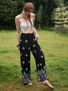 Florisole Women's Boho Floral Embroidered Wide Leg Pants Black Long Fabric Pants With Zipper Detail Fall Cloth For Women - Black - View 3