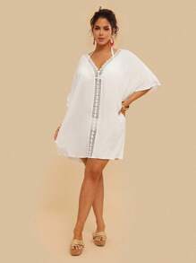 Travachic Vestido tipo pareo de talla grande con recorte de encaje tipo raglan para cubrir en la playa