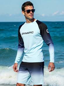 Manfinity VDAYZ Conjunto de camiseta rashguard con mangas raglán con estampado de letras y degradado para hombre, protección solar