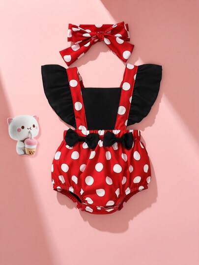 SHEIN Playful Pals Body De Abotoamento Frontal Com Laço E Babado De Bolinhas Para Bebê Menina E Faixa De Cabeça