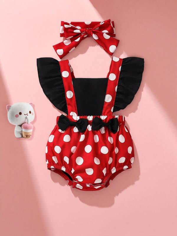 SHEIN Persoplay Kids Baby Girl Polka Dot Ruffle Trim Bow Front Bodysuit & Headband