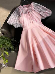 Elegancka satynowa sukienka księżniczki z tiulu i koralikowy płaszcz dla dziewcząt w wieku 1-2 lat, zestaw 2 częściowy, odpowiedni na imprezy i wydarzenia - Różowy - Zobacz 2