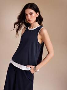 MEYER STUDIO Camiseta de tirantes de dos tonos con contraste y doble capa con abertura en la espalda, para uso casual o de negocios en verano y otoño - azul real - Ver 4