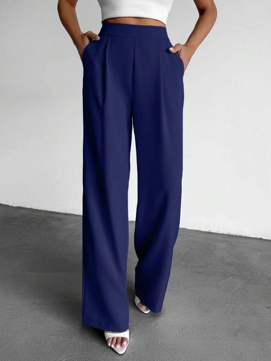 EURMUSE Plain Pocket & Pressed Crease Wide-Leg Casual Pants - Navy Blue - View 1