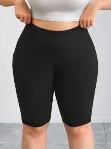 SHEIN CURVE+ 加大码曲线/校园服/返校服/返校2件装加大码女士休闲运动口袋骑行短裤，弹力腰紧身裤，休闲短裤，曲线短裤，打底短裤，骑行短裤，夏季加大码骑行短裤，女士短款打底裤，弹力骑行短裤，女士短裤2条装