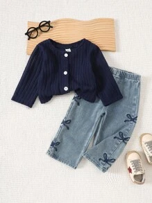 SHEIN Baby Girl Denim Set Adorable Baby Girls Button Down Cardigan And Jeans Outfit For Everyday Wear Fall Winter