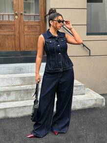 SHEIN ICON Chaqueta de mezclilla tipo chaleco con botones delanteros y bolsillo con solapa para tallas grandes de estilo informal y a la moda - Azul lavado oscuro - Ver 5