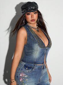 Jeanoix Plus Size Women Beaded Design Deep V-Neck Fitted Sexy Denim Vest Jacket Y2K