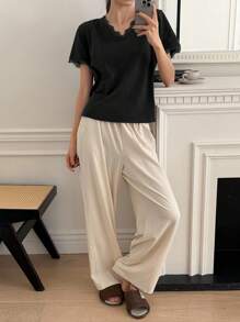 DAZY Conjunto de pijama de 2 piezas de mujer con cuello en V, parches de encaje y contraste de colores