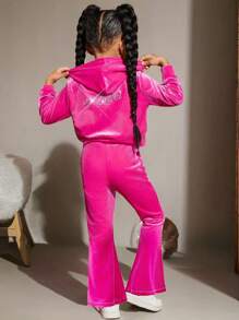 SHEIN 年轻女孩 2 件套水钻字母图案天鹅绒连帽衫和喇叭裤、运动裤、服装、可爱、休闲和复古，非常适合夏季和秋季休闲和日常穿着和学校日常穿着，适合圣诞节 - 玫紅色 - 查看 8