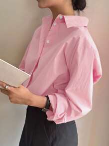 DAZY Solid Color Front Button Casual Versatile Loose Long Sleeve Shirt - Baby Pink - View 3