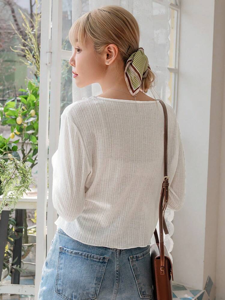 DAZY Button Front Solid Tee Long Sleeve Women Tops,Fall Women Clothes - White - View 2