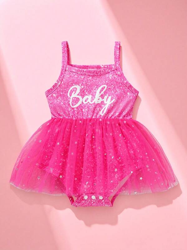 SHEIN Playful Pals Baby Girl Gorgeous, Elegant, Cute, Fun Alphabet Sequin Print Star Mesh Jumpsuit Spring/Summer Photography Costume