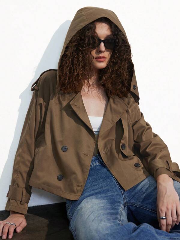 Aveloria Affinna Short Hooded Trench Coat, With Double-Breasted Design, Shoulder Epaulets Elements Adding Dimensional And Stylish Look, Back Hood, Overall Increased Layering And Casual Vibe