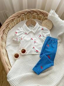 Baby Girl Summer Cute White Cherry Pattern Shirt And Pants Set - Multicolor - View 5