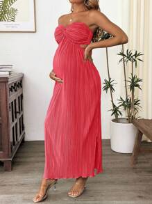 SHEIN Pregnant Women's Summer Elegant Solid Color Twist Tie Backless Camisole Dress - Pink - View 5