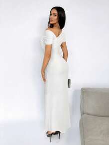 SHEIN SXY 女式纯色褶皱不对称领口优雅短袖连衣裙 - 白色 - 查看 2