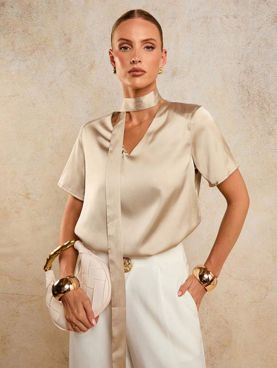 COSMINA 女士优雅 V 领围脖 T 恤，通勤百搭，复古风，优雅外出上衣，商务休闲女装 - 杏色 - 查看 1
