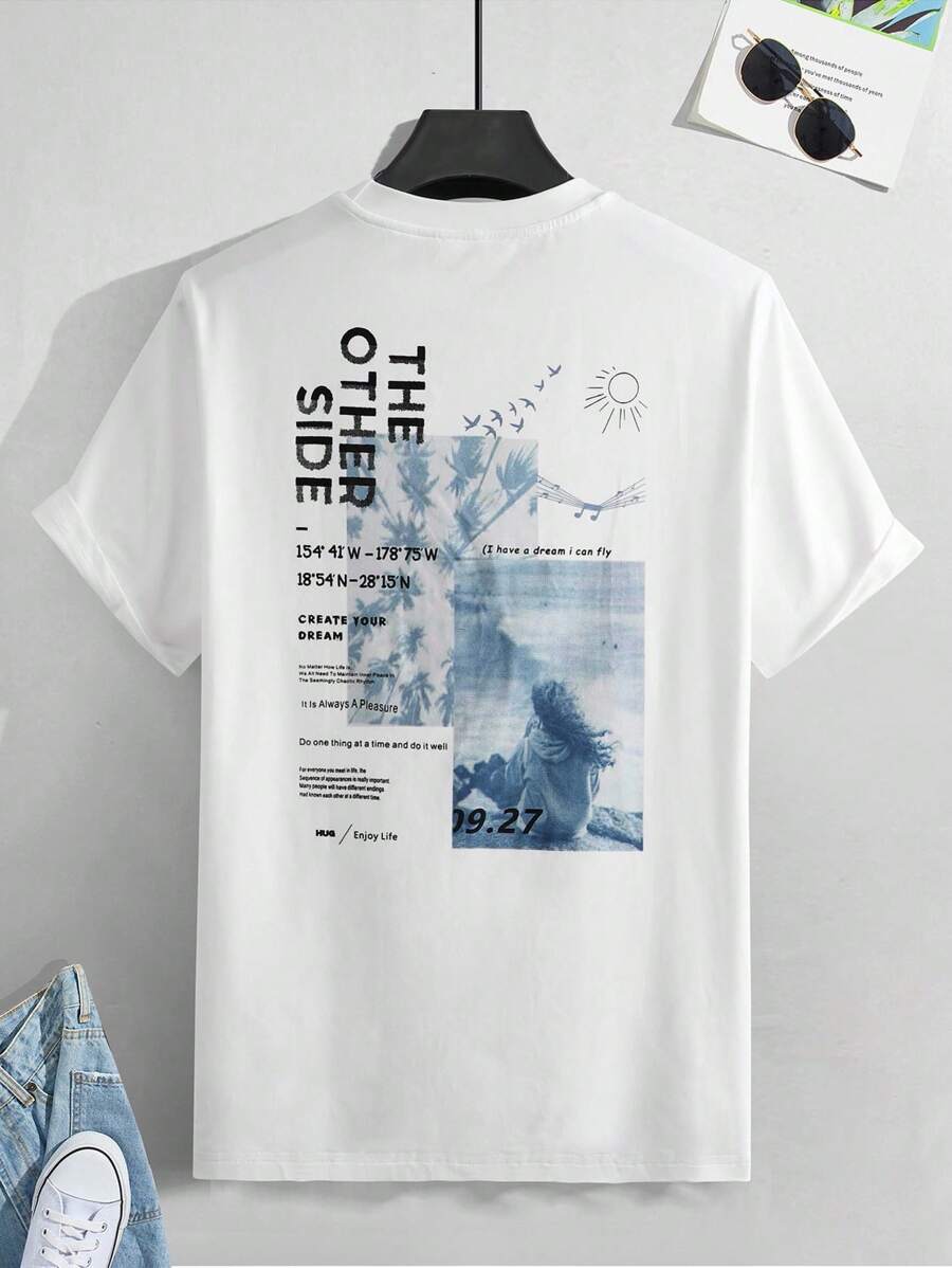 Manfinity Homme Men T-Shirts Fit Crew Neck Short Sleeve Graphic Tee Casual College,School Summer Knit Top