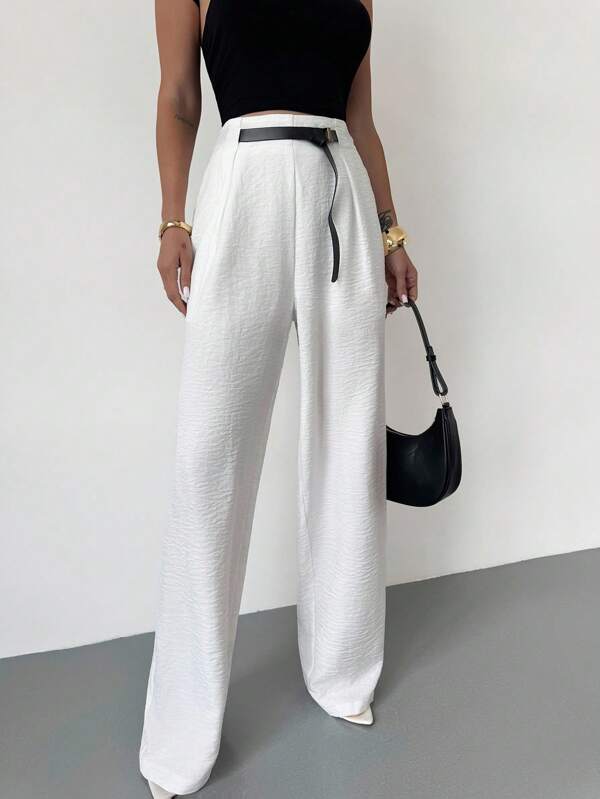 Firerie Women's Elegant Casual Wide Leg Pants, High Waist Loose Trousers With Belt Decoration, Suitable For Vacation, Commute, Urban Casual Daily Wear, Fashion Versatile White Solid Color, Summer