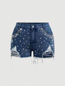 SHEIN Frenchy Shorts vaqueros desgarrados informales con decoración de strass para tallas grandes - Azul lavado medio - Ver 1