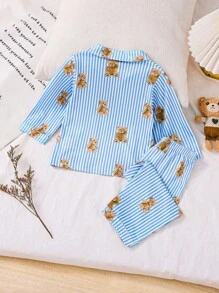 2pcs Baby Boys Casual Striped Bear Print Long Sleeve Top And Pants Pajama Set Fall Winter - Blue - View 2