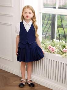SHEIN Conjunto de 3 piezas de estilo escolar para niña joven: blusa azul marino, falda plisada, camisa de manga corta. Conjunto de blusa azul marino, falda y uniforme escolar para niñas, atuendo colegial de niña pequeña - Azul Marino - Ver 6