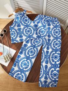 2pcs Girls' Holiday Basic Halter Shirt + Loose 3/4 Pants Floral Printed Woven Set - Blue - View 2