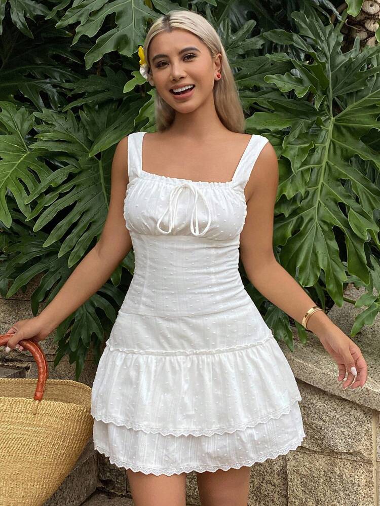 Women's Summer Solid Color Pleated Front Tie Ruffle Hem Sleeveless Fashion Dress Vacation Boho