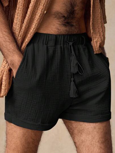Manfinity BRENVOR Men's Casual Double-Layered Crepe Fabric Mid-Waist Drawstring Waist With Belt Loop Loose Shorts Men Black Shorts Men Drawstring Shorts Men Tassel Shorts Men Summer Shorts
