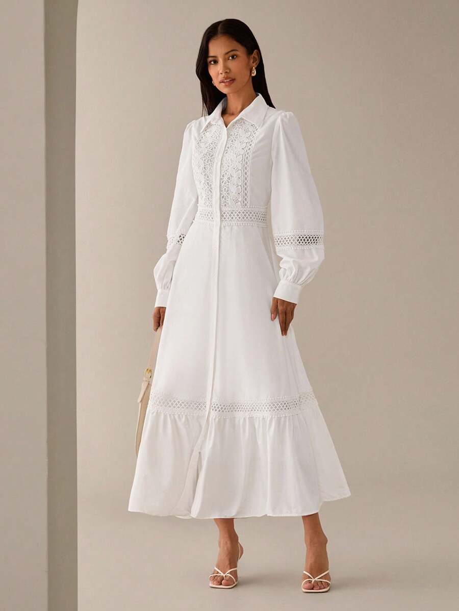 Lilora 经典荷叶边蕾丝拼接V领收腰灯笼袖连衣裙女装优雅清新春夏都市风格都市休闲浪漫优雅出门 - 白色 - 查看 1