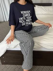DAZY 2pcs Women's Letter Print T-Shirt Top And Plaid Loose Pajama Pants Set - Navy Blue - View 5