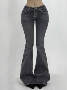 DAZY Jeans évasés à taille basse, effet vintage lavé, avec col contrasté et ourlet brut pour femmes - Noir - Voir 1