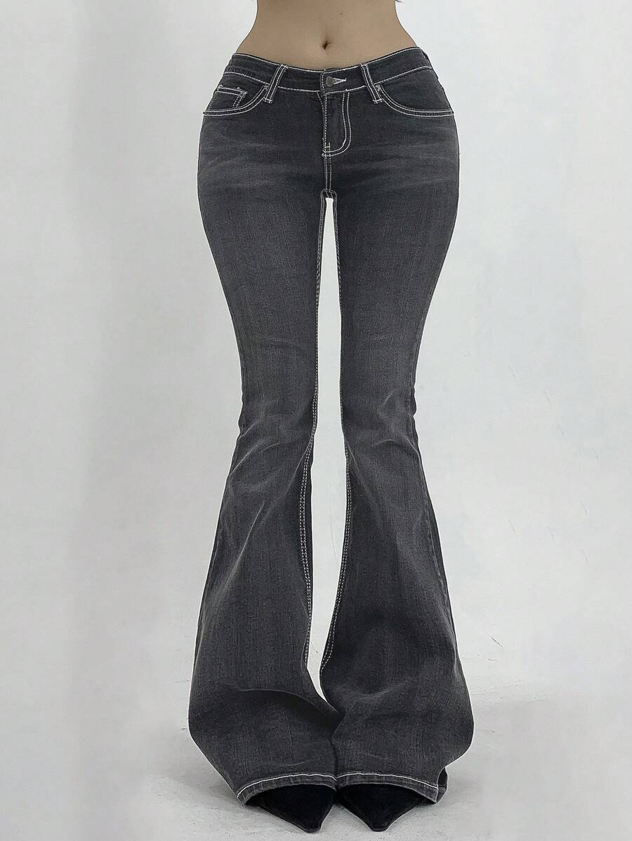 DAZY Jeans évasés à taille basse, effet vintage lavé, avec col contrasté et ourlet brut pour femmes - Noir - Voir 1