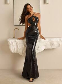 Vowa Robe de soirée de style avant-gardiste, sexy et à la mode. Avec un décolleté ras-du-cou, un dos nu, un filet, des sequins noirs, une découpe, un laçage et un sous-vêtement moulé. Avec une base de sirène. Convient pour les boîtes de nuit, les fêtes et les vacances.