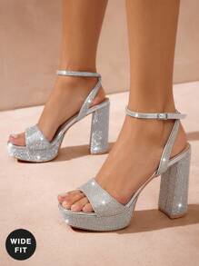 SHUZIA Women's Wide-Fit Rhinestone Ankle Strap Chunky Platform Heels For Christmas Valentine's Day Wide Fit - Silver - View 1
