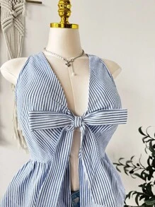 SHEIN EZwear Camicia senza maniche con stampa a righe, arricciatura sul fondo e laccetti davanti, taglie comode - Blu e Bianco - Visualizzare 5