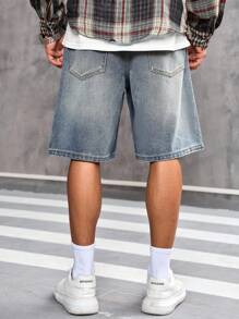 Manfinity Homme Quần short denim ống rộng túi rách thoải mái cho nam - Rửa nhẹ - Xem 2